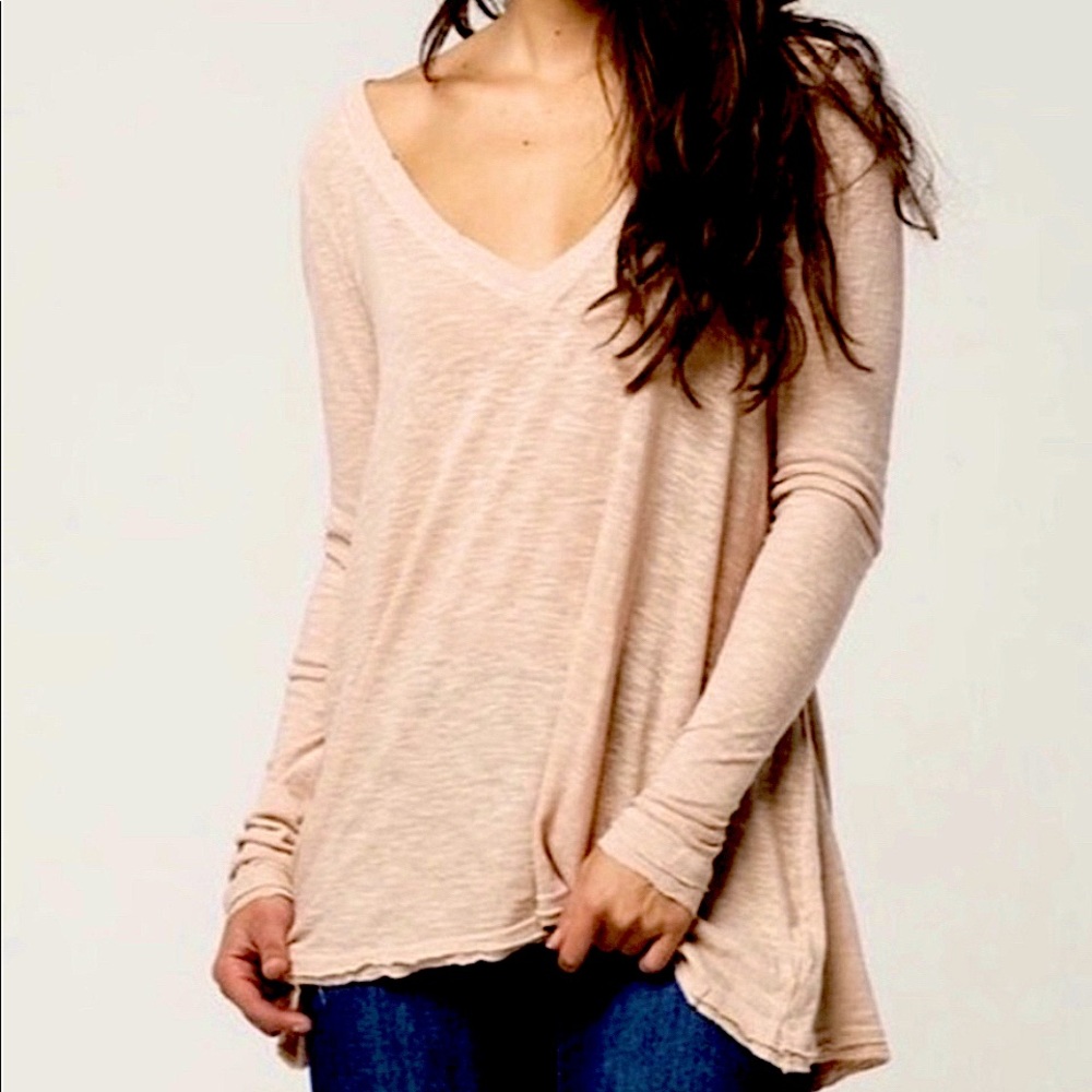 Free People Anna Burnout High Low Long Sleeve Distressed V-Neck Tee (S)